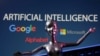 FILE PHOTO: Illustration shows Google, Microsoft and Alphabet logos and AI Artificial Intelligence words