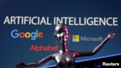 FILE PHOTO: Illustration shows Google, Microsoft and Alphabet logos and AI Artificial Intelligence words